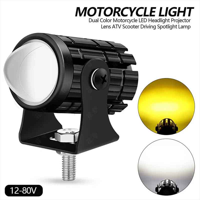 Universal Motorcycle LED Headlight Projector Lens Dual Color ATV Scooter Driving for Racer Light Auxiliary Spotlight Lamp